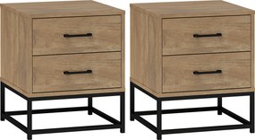 HOMCOM Set de 2 Noptiere cu 2 Sertare din Lemn și Oțel, 40x39.5x48 cm, Lemn Natural | Aosom Romania