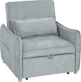 HOMCOM Fotoliu Pat 3 în 1 Pliabil, Spătar Reglabil 3 Poziții, Șezut Spațios, Pernă Detasabilă, Fotoliu Transformabil din Chenille cu Roți și Buzunare, 88x84x87 cm, Gri | Aosom Romania