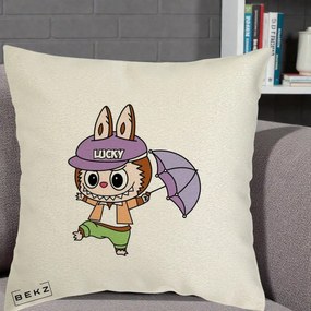 Perna Personalizata Labubu Lucky cu Umbrela, 40x40 cm, Ecru, Husa Detasabila, Perna Inclusa, BEKZ®