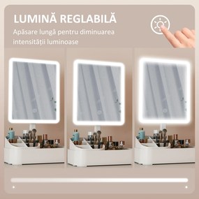 HOMCOM Oglindă Machiaj cu LED-uri, Oglindă Vanity Reîncărcabilă cu Ecran Touch, 2 Moduri de Iluminare și Rotire 180°, Alb | Aosom Romania