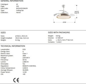 Lustra LED cu Ventilator si telecomanda, lame retractabile HERON alb/auriu