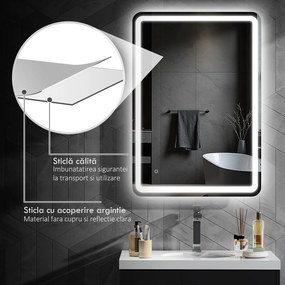 kleankin Oglinda pentru Baie cu Lumini LED, 70x50 cm, Argintiu | Aosom Romania
