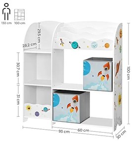 Organizator pentru copii, 93 x 30 x 100 cm, PAL melaminat, alb, Songmics