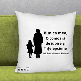 Cadou pentru Bunica - Perna Personalizata Bunica Mea Comoara Iubire Intelepciune Silueta, 40x40 cm, Alb Pufos, Husa Detasabila, Perna Inclusa, BEKZ®