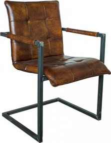 Scaun dining cu brațe din piele naturală și metal, maro, cu șezut și spătar cusute în carouri și cadru în consolă, 86 x 55 x 58 cm, „Boston”