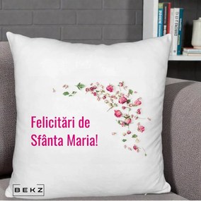 Cadou de Onomastica - Perna Personalizata Felicitari de Sfanta Maria, 40x40 cm, Alb Pufos, Husa Detasabila, Perna Inclusa, BEKZ®