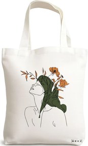 Sacosa de Panza pentru Cumparaturi, Geanta Tote, Flower Lady 14, 38x34.5 cm, Alba, BEKZ®