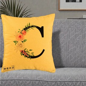 Cadou Personalizat - Perna Personalizata Monograma Florala Litera C, 40x40 cm, Galben, Husa Detasabila, Perna Inclusa, BEKZ®