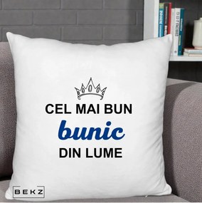Cadou pentru Bunic - Perna Personalizata Cel Mai Bun Bunic Din Lume Coroana Albastra, 40x40 cm, Alb Pufos, Husa Detasabila, Perna Inclusa, BEKZ®