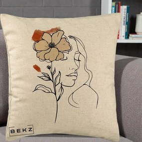 Perna Decorativa Portret Feminin Floare Bej Terracotta, 40x40 cm, Bej, Husa Detasabila, Perna Inclusa, BEKZ®