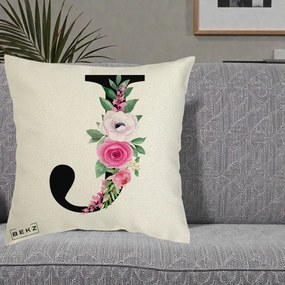Cadou Personalizat - Perna Personalizata Monograma Florala Litera J, 40x40 cm, Ecru, Husa Detasabila, Perna Inclusa, BEKZ®