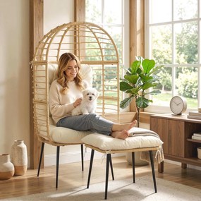 Outsunny Fotoliu de grădină cu taburet PE-Rattan, fotoliu în formă de ou cu perne lungi &amp; groase, cadru metalic Bej | Aosom Romania