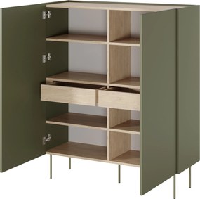 Comodă înaltă Desin 120 cm cu două uși și sertare ascunse - verde măsliniu / stejar Nagano