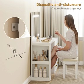 HOMCOM Stație de Machiaj cu Lumini LED, 3 Culori, Luminozitate Reglabilă, Toaletă Convertibilă cu Prize Electrice, 6 Sertare Soft Close, Oglindă, Rafturi Deschise, pentru Dormitor, Alb | Aosom Romania