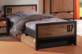 Pat Copii ALEX 90x200 cm, Somieră Inclusă, Pin Masiv și Metal Negru, cu Sertar Multifuncțional – Vipack