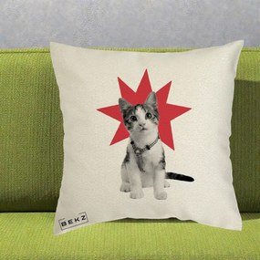 Perna Decorativa Pisica Star Pop Art, 40x40 cm, Ecru, Husa Detasabila, Perna Inclusa, BEKZ®
