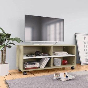 Comoda TV cu rotile, alb  stejar Sonoma, 90x35x35, PAL