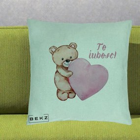 Cadou Romantic - Perna Personalizata Te Iubesc Ursulet cu Inima Roz Acuarela, 40x40 cm, Verde Menta, Husa Detasabila, Perna Inclusa, BEKZ®