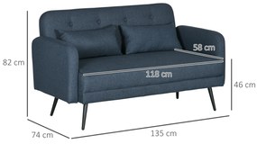 Canapea de 135cm pentru Dormitor cu 2 Locuri, Perne Decorative, Placaj si Otel, Tesatura moale, Albastru Inchis HOMCOM | Aosom RO