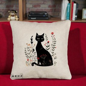 Perna Decorativa Pisica Neagra Botanica Rosu-Gri, 40x40 cm, Bej Canapea, Husa Detasabila, Perna Inclusa, BEKZ®
