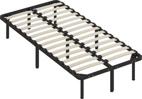 HOMCOM Cadru de Pat Industrial cu 28 de Lamele și Spațiu de Depozitare, din Lemn și Oțel, 190x90x31 cm, Negru și Lemn | Aosom Romania