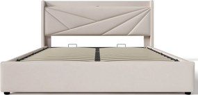 Pat dublu cu ladă de depozitare, funcție de încărcare USB Tip C, din bumbac și in, fără saltea, 160x200 cm, Bej