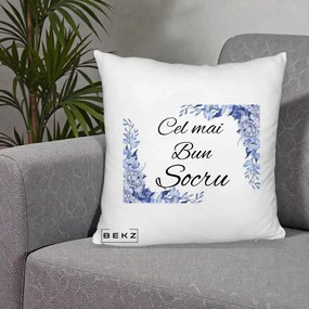 Cadou pentru Socru - Perna Personalizata Cel mai Bun Socru cu Flori Albastre Acuarela, 40x40 cm, Alb Pufos, Husa Detasabila, Perna Inclusa, BEKZ®