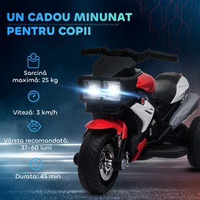 Motocicleta Electrica pentru Copii 3-5 Ani (max. 25kg) cu 3 Roti, Lumini si Sunete, Bateria 6V, Rosu, 86x42x52cm HOMCOM | Aosom Romania