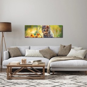 Tablou cu pisicuța uitându-se la floare (cu ceas) (90x30 cm)