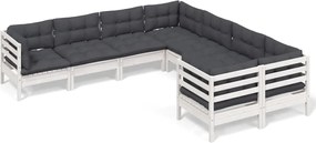 vidaXL Set mobilier de grădină cu perne, 8 piese, alb, lemn masiv pin