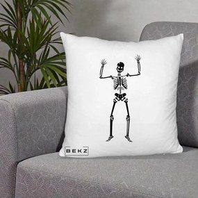 Perna Decorativa Halloween Schelet Dansator, 40x40 cm, Alb Pufos, Husa Detasabila, Perna Inclusa, BEKZ®