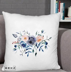 Perna Decorativa Buchet Flori Albastre Acuarela, 40x40 cm, Alb Pufos, Husa Detasabila, Perna Inclusa, BEKZ®