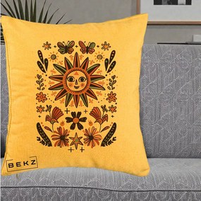 Perna Decorativa Soare Boho Folk Fluturi, 40x40 cm, Galben, Husa Detasabila, Perna Inclusa, BEKZ®