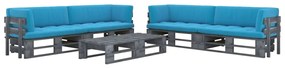 Set mobilier paleti cu perne, 6 piese, lemn pin gri tratat Albastru, 4x colt + 2x masa, Gri, 1