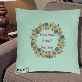 Cadou pentru Bunica - Perna Personalizata Cea Mai Buna Bunica Coronita Flori Multicolore, 40x40 cm, Verde Menta, Husa Detasabila, Perna Inclusa, BEKZ®