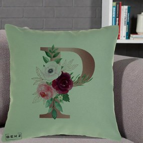 Cadou Personalizat - Perna Personalizata Monograma Rose Gold Litera P, 40x40 cm, Verde, Husa Detasabila, Perna Inclusa, BEKZ®