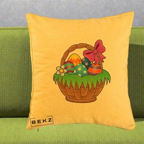 Perna Decorativa Cos cu Oua de Pasti Colorat, 40x40 cm, Galben, Husa Detasabila, Perna Inclusa, BEKZ®