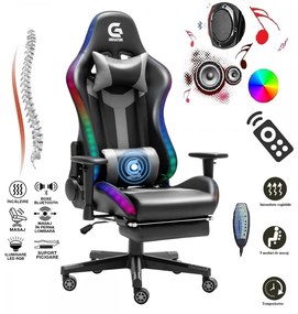 Scaun gaming, Masaj si Incalzire, sistem iluminare bandă LED RGB, boxe Bluetooth, masaj în perna lombară, sezut benzi elastice sustinere, funcție șezlong, 90-180 grade, suport picioare, Negru/Gri