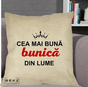 Cadou pentru Bunica - Perna Personalizata Cea Mai Buna Bunica Din Lume Coroana Neagra, 40x40 cm, Crem, Husa Detasabila, Perna Inclusa, BEKZ®