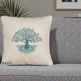 Perna Decorativa Copacul Vietii Teal cu Radacini, 40x40 cm, Bej Canapea, Husa Detasabila, Perna Inclusa, BEKZ®