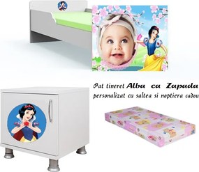 Pat tineret Alba ca Zapada personalizat cu saltea si noptiera Cadou