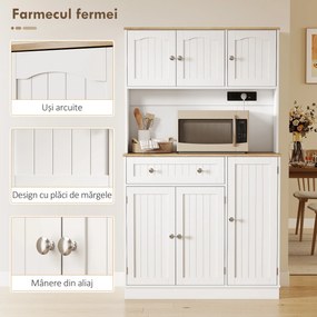 HOMCOM Dulap de bucătărie înalt, 173 cm, cu stație de încărcare, spațiu pentru cuptorul cu microunde, rafturi reglabile, 4 suporturi pentru condimente, alb | Aosom Romania