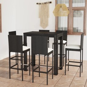 Set mobilier bar de exterior cu perne, 7 piese, negru poliratan Negru, Lungime masa 100 cm, 7, Da