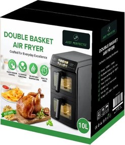 Friteuză dublă cu aer cald Just Perfecto JP-AF10DB, 2600 W, 10 l, 10 programe, 80-200 °C, circulație rapidă a aerului cald, gătire sincronizată, negru