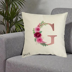 Cadou Personalizat - Perna Personalizata Monograma Rose Gold Litera G, 40x40 cm, Ecru, Husa Detasabila, Perna Inclusa, BEKZ®