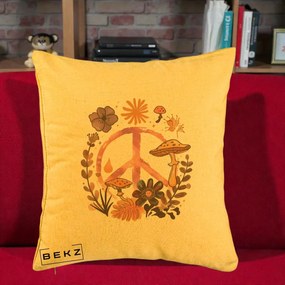 Perna Decorativa Peace Ciuperci Boho, 40x40 cm, Galben, Husa Detasabila, Perna Inclusa, BEKZ®