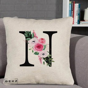 Cadou Personalizat - Perna Personalizata Monograma Florala Litera N, 40x40 cm, Bej Canapea, Husa Detasabila, Perna Inclusa, BEKZ®