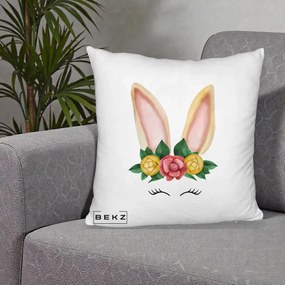 Perna Decorativa Iepuras Flori Urechi Pastelui, 40x40 cm, Alb Pufos, Husa Detasabila, Perna Inclusa, BEKZ®