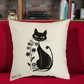 Perna Decorativa Pisica Neagra Grafica Minimalista, 40x40 cm, Ecru, Husa Detasabila, Perna Inclusa, BEKZ®