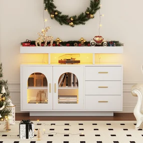 Comodă cu LED, Dulap pentru Cafea și Comodă cu Sertare, Luminos cu 16 Culori, pentru Living și Sala de Mese, 120x40x80 cm, Alb